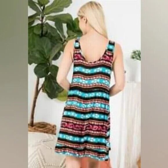 Aztec Tribal Print Mini Sundress Sleeveless Boho Summer - Picture 2 of 10